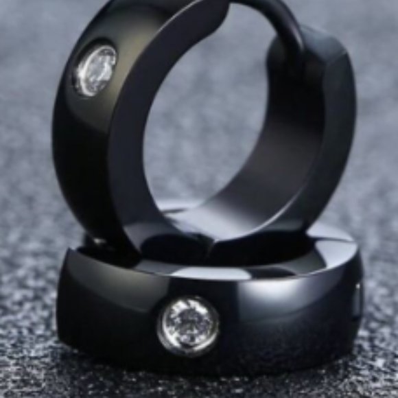 Ionic Plated Stainless Steel and Cubic Zirconia  Black Huggie Hoop - Picture 3 of 3